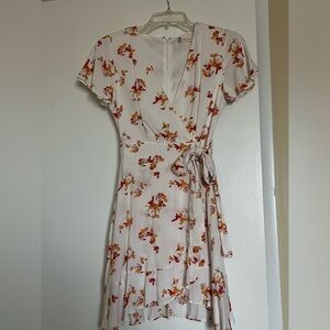 Cream Orange Floral Midi Wrap Dress